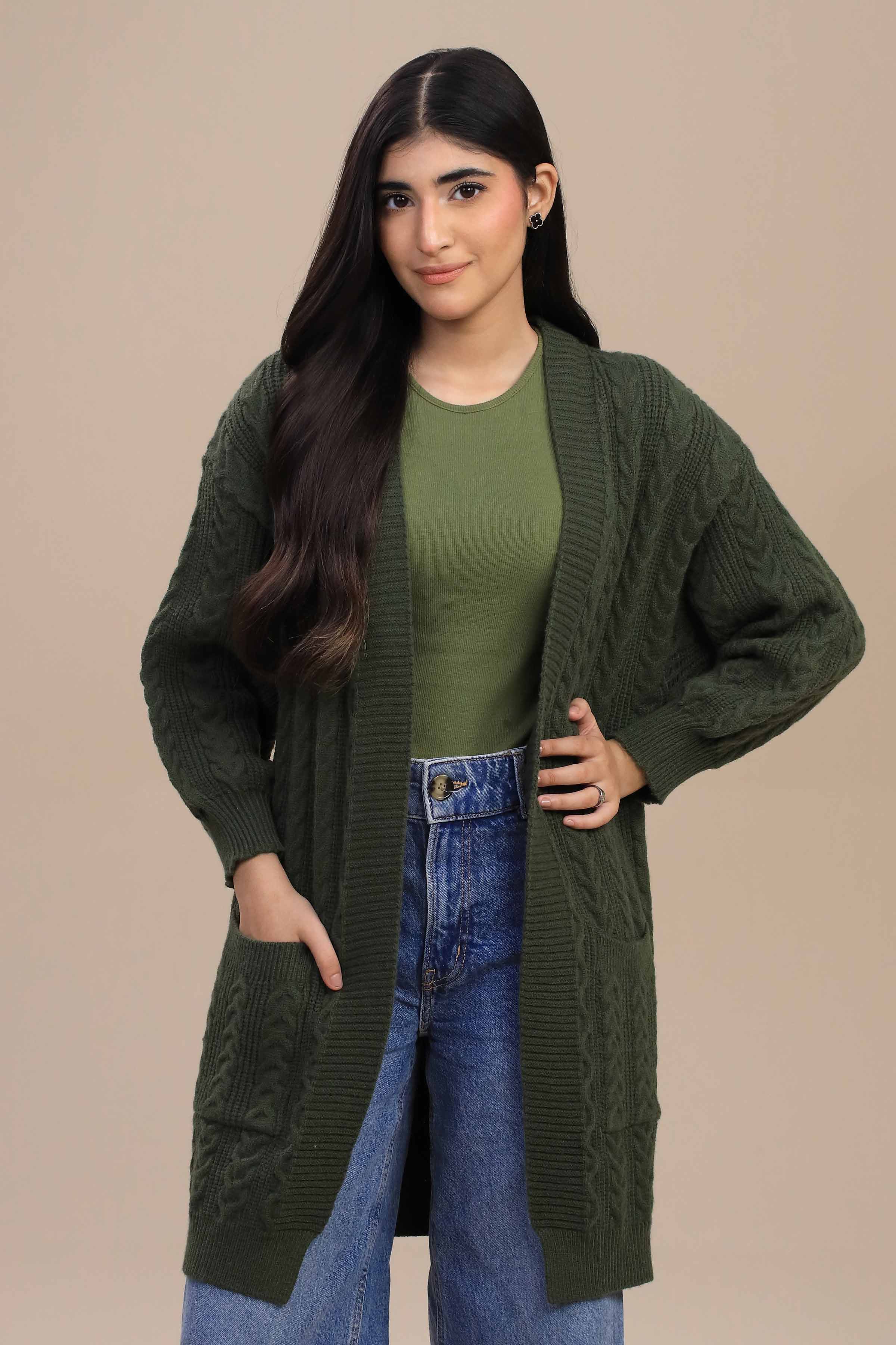 Olive Green Long Sweater-447050104 for Women – Long Sweaters Collection | Nishat | Shop Online