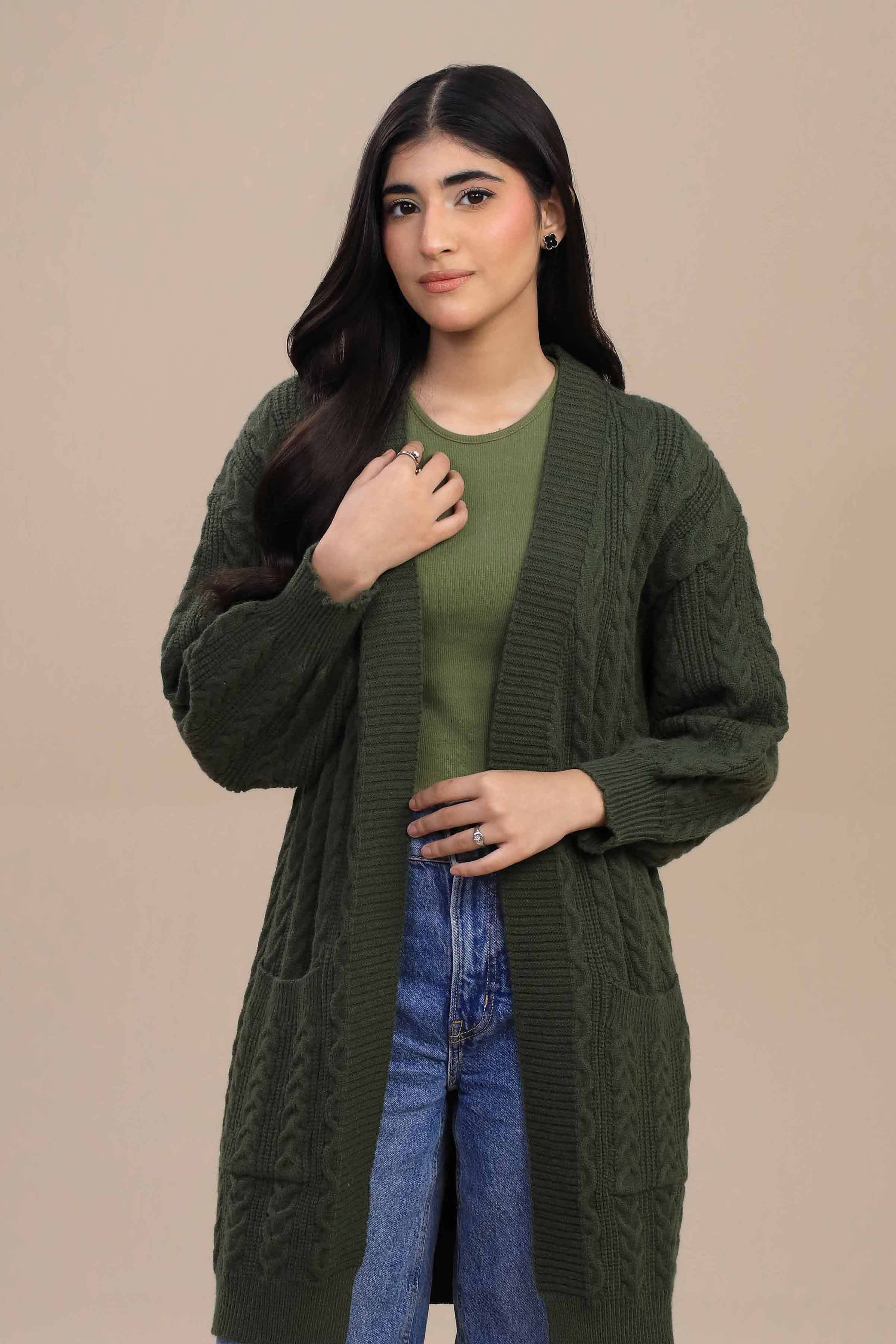 Olive Green Long Sweater-447050104 for Women – Long Sweaters Collection | Nishat | Shop Online