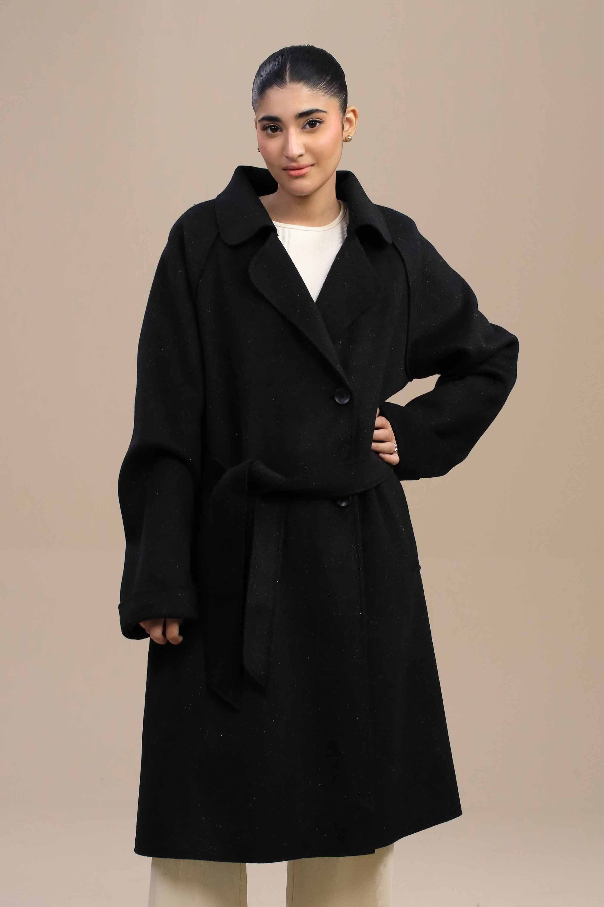 Black Long Coat for Women by Nishat Linen – Stylish Winter Wear