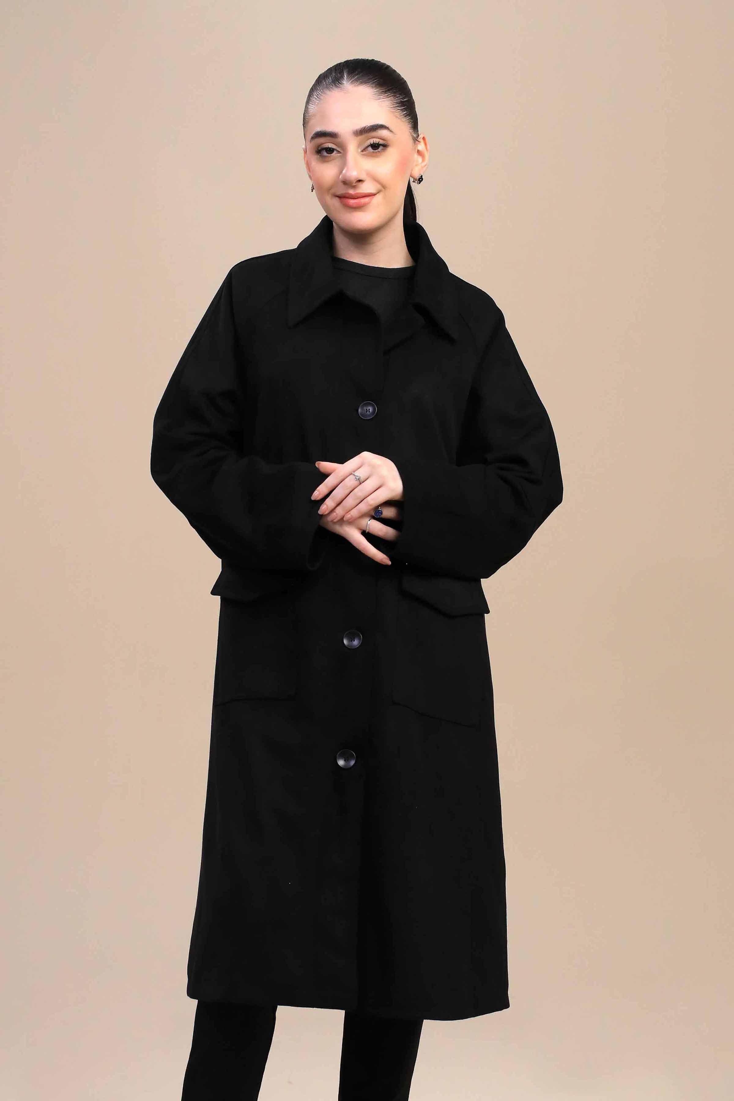 Black Long Coat for Women by Nishat Linen – Stylish Winter Wear