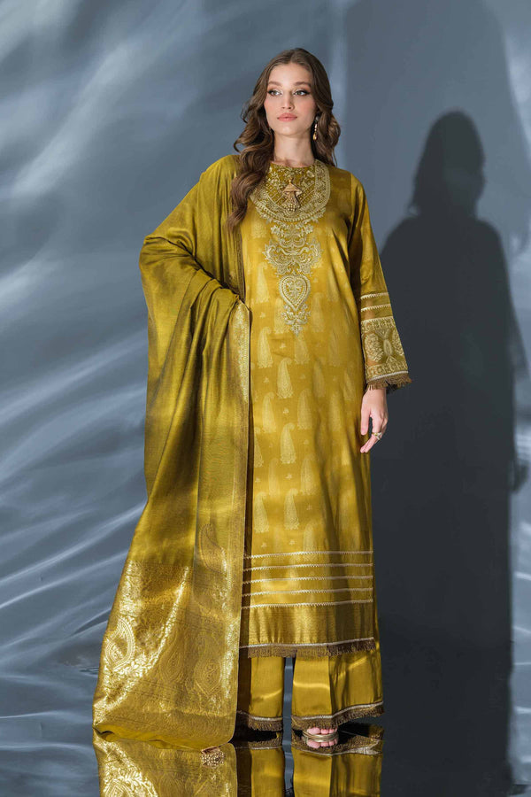 3 Piece - Gold Printed Embroidered Suit - 42401367