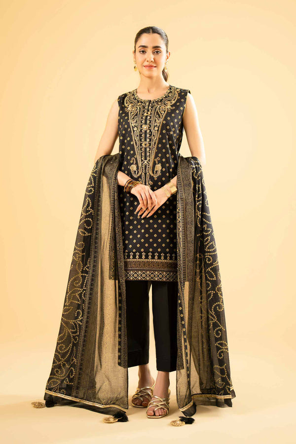 3 Piece - Gold Printed Embroidered Suit - 42401861