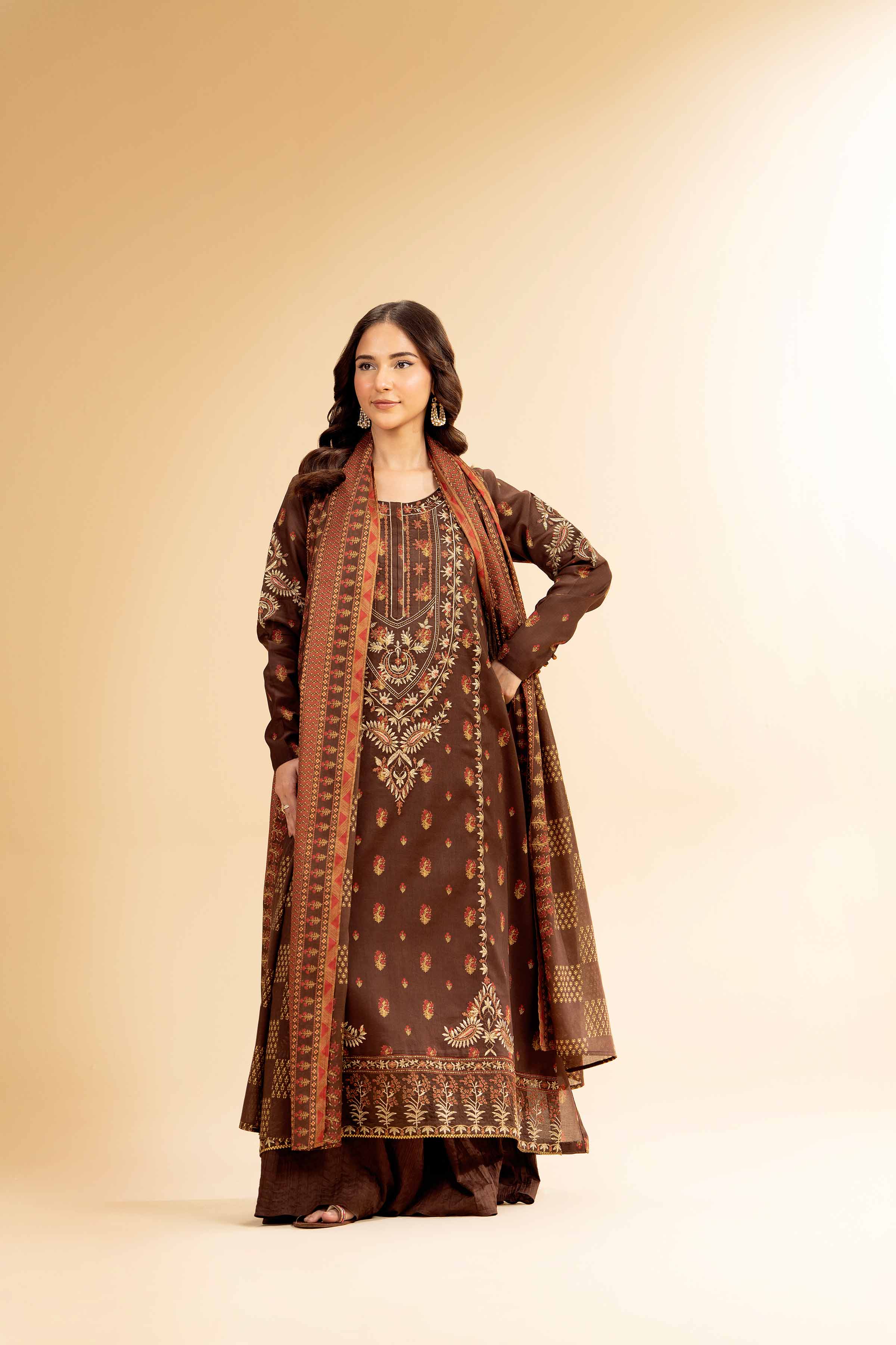 3 Piece - Gold Printed Embroidered Suit - 42501418 for Women - Unstitched Collection | Nishat | Shop Online