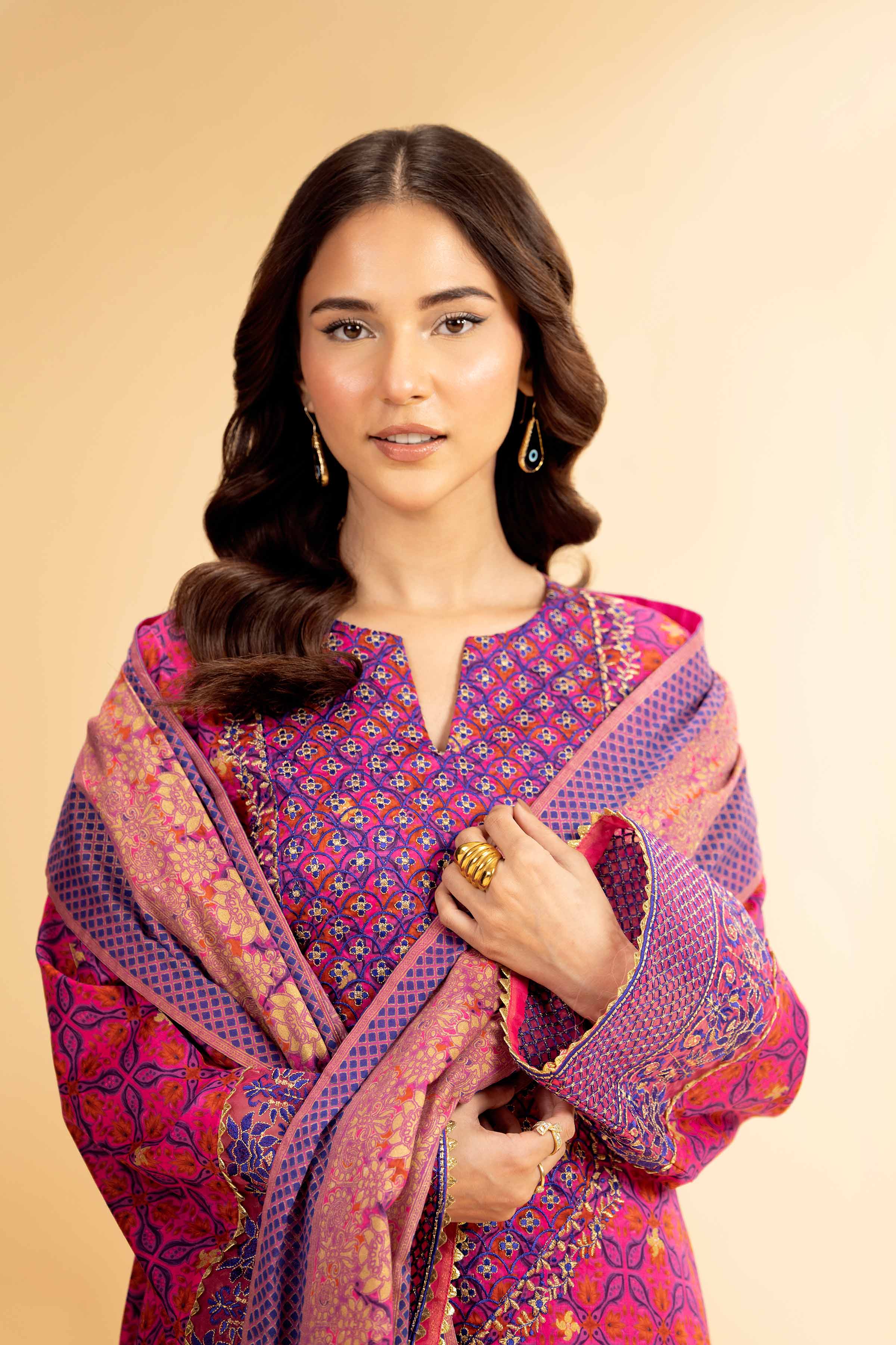 3 Piece - Gold Printed Embroidered Suit - 42501420 for Women - Unstitched Collection | Nishat | Shop Online