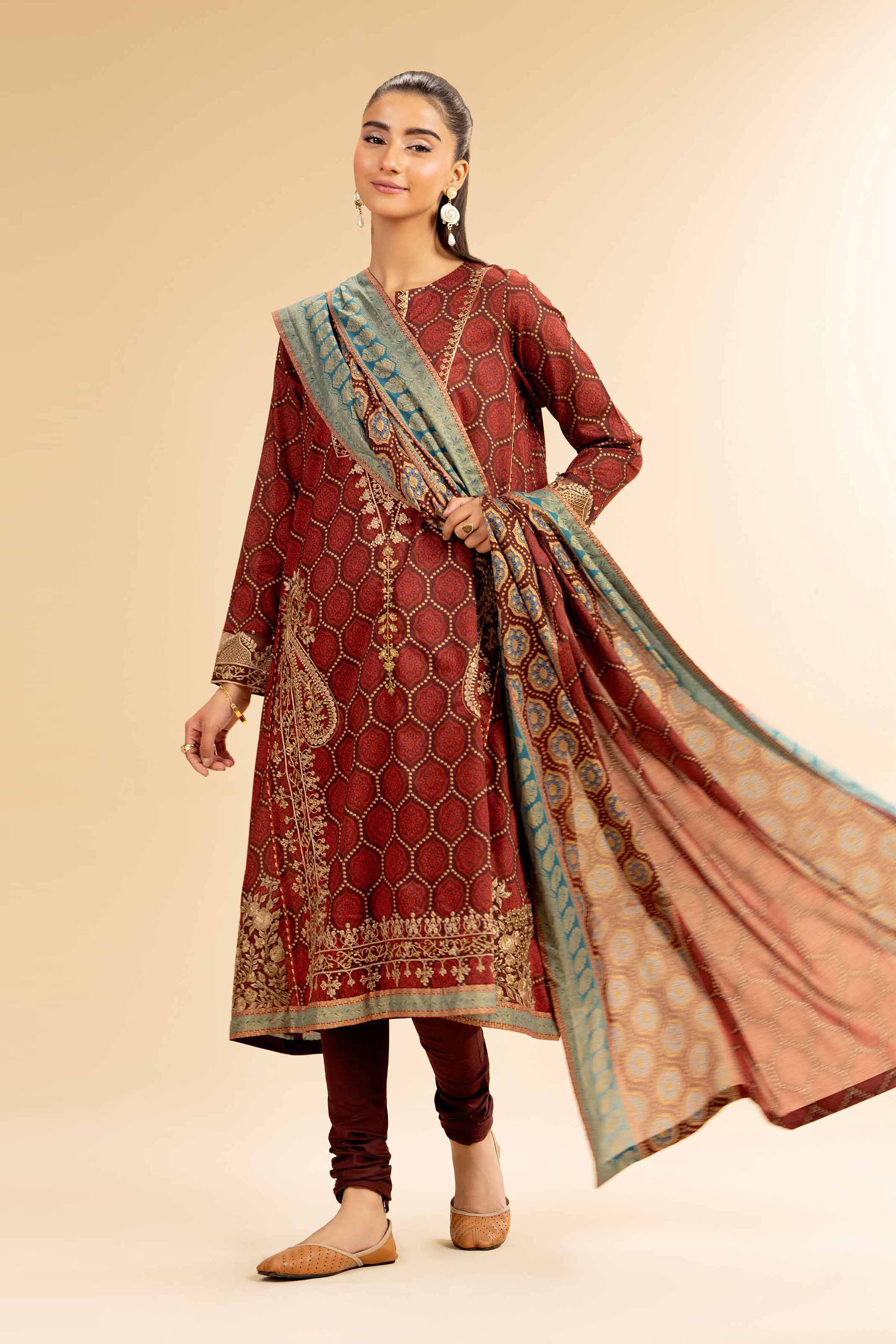 3 Piece - Gold Printed Embroidered Suit - 42501421 for Women - Unstitched Collection | Nishat | Shop Online