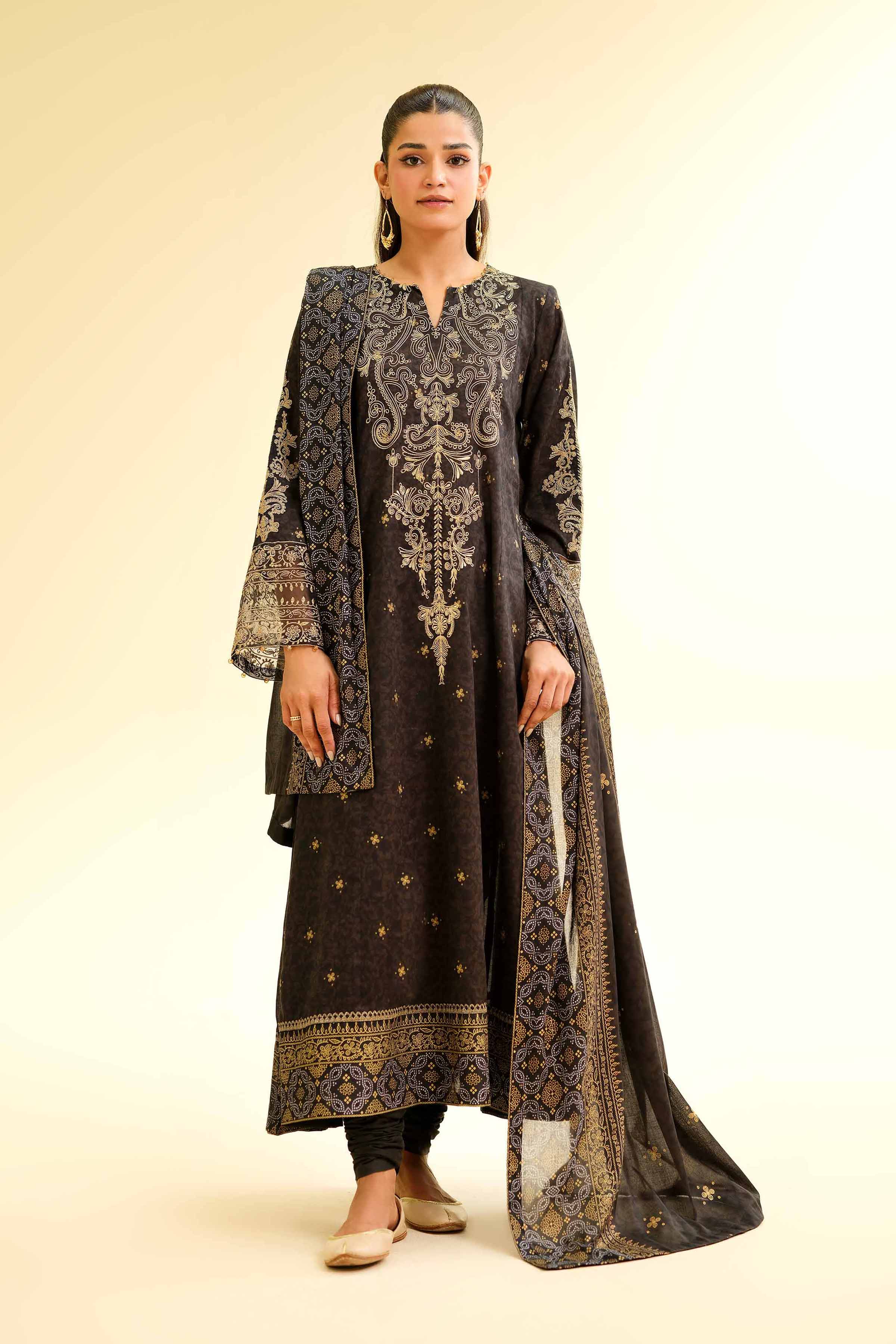 3 Piece - Gold Printed Embroidered Suit - 42501423 for Women - Unstitched Collection | Nishat | Shop Online