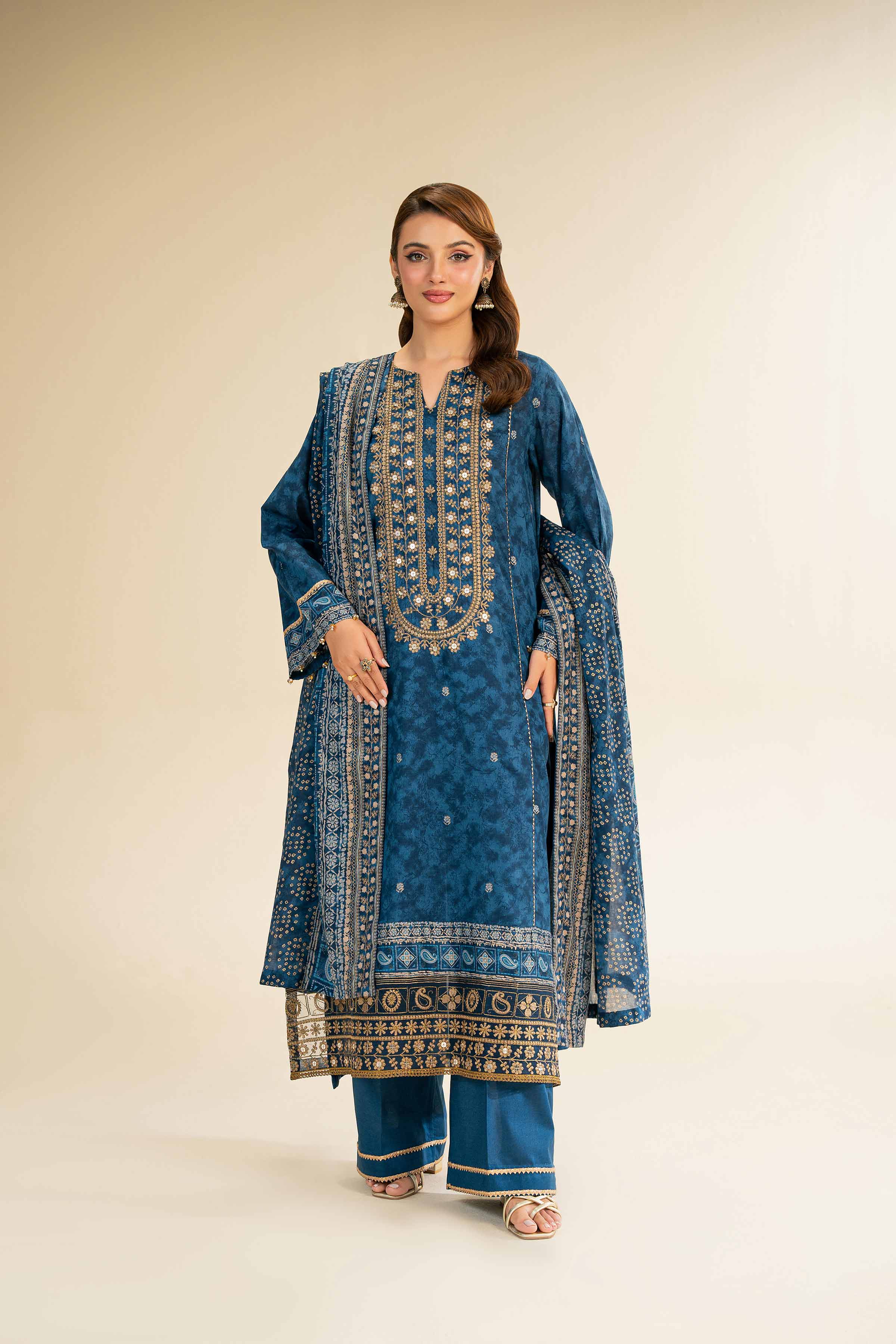 3 Piece - Gold Printed Embroidered Suit - 42501424 for Women - Unstitched Collection | Nishat | Shop Online