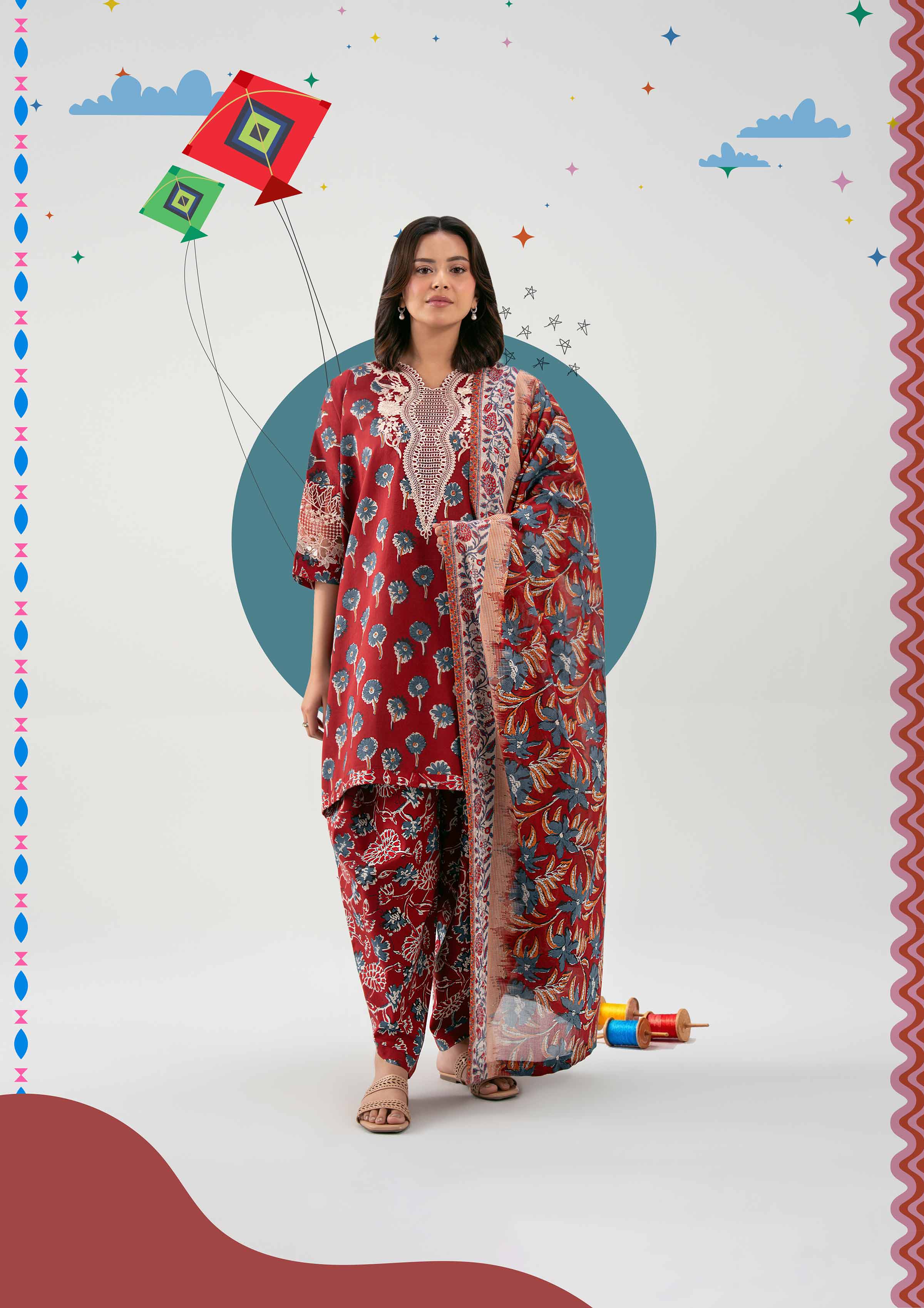 3 Piece - Printed Embroidered Suit - 42601165