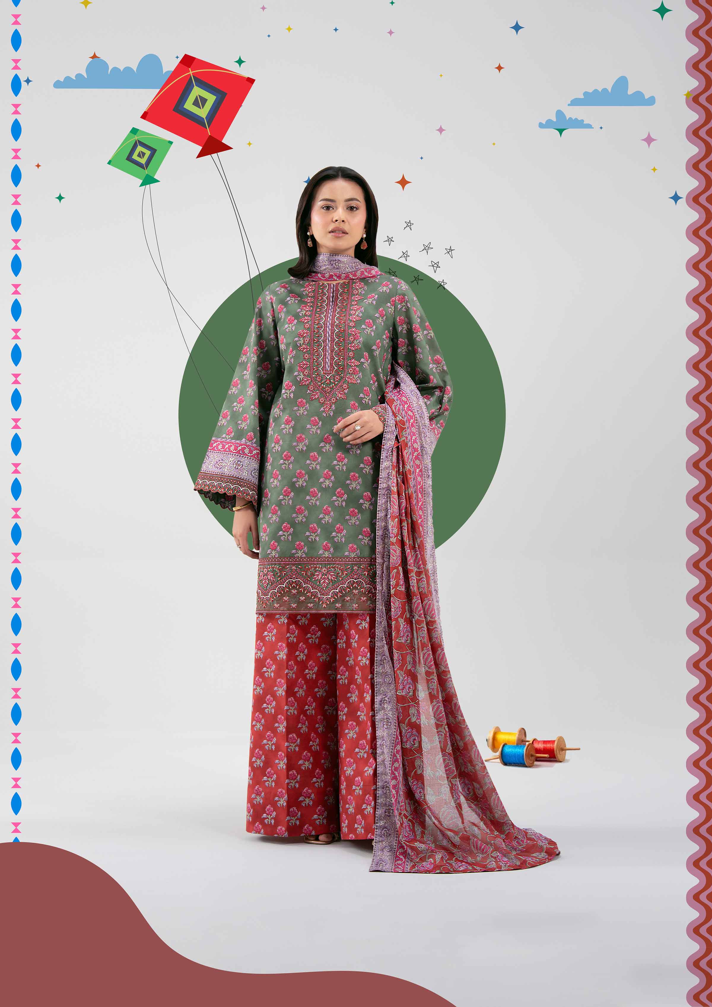 3 Piece - Printed Embroidered Suit - 42601167