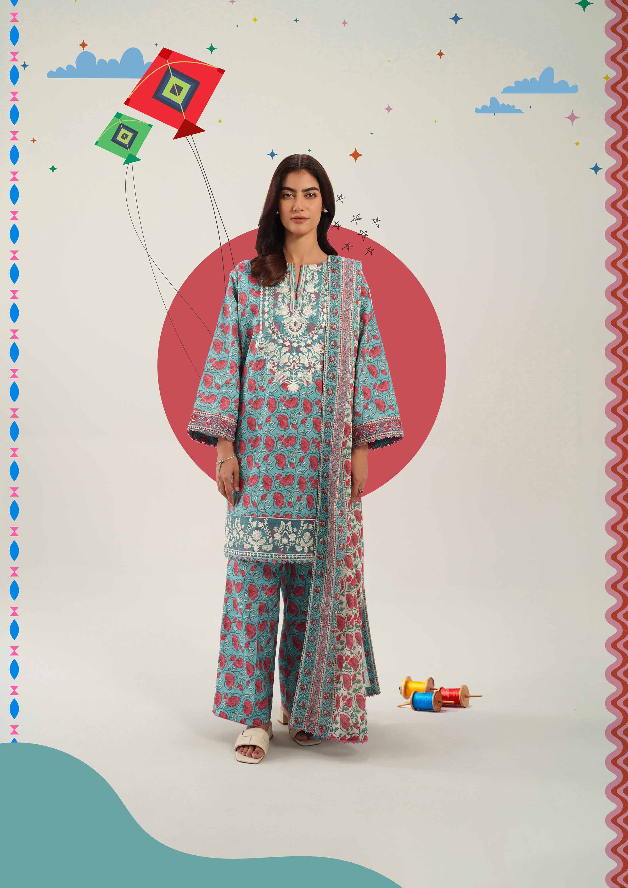 3 Piece - Printed Embroidered Suit - 42601168