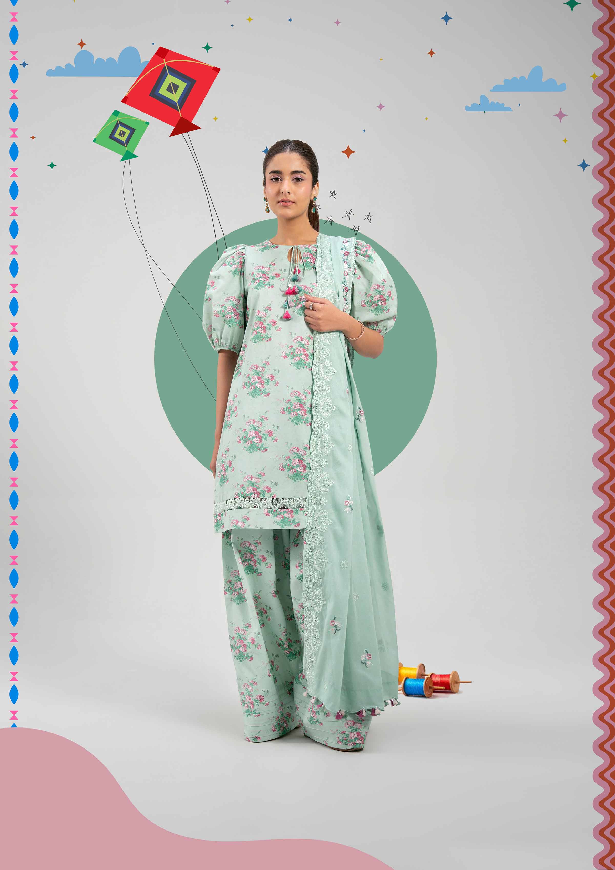 3 Piece - Printed Embroidered Suit - 42601262