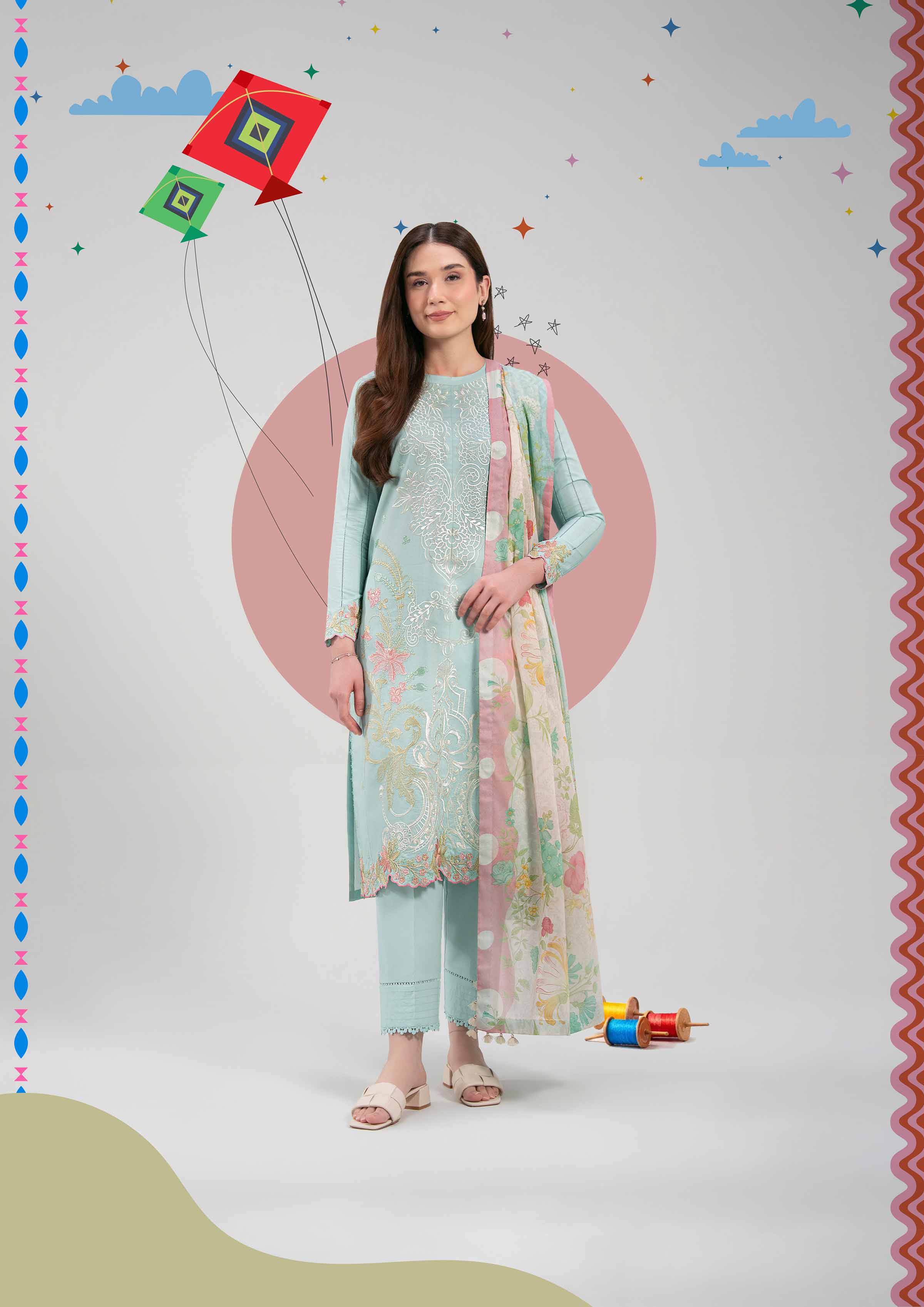 3 Piece - Printed Embroidered Suit - 42601272