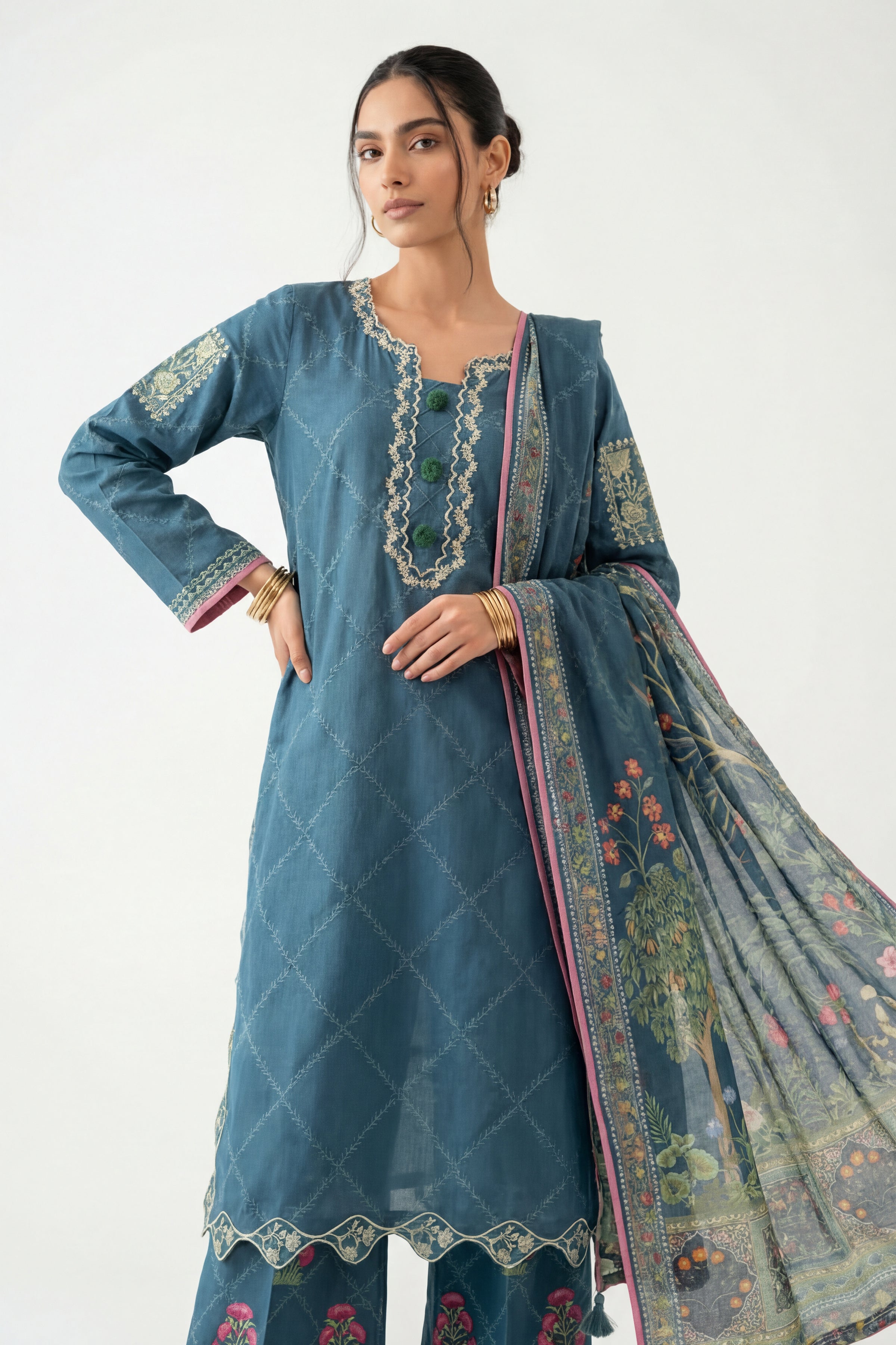 3 Piece - Digital Printed Embroidered Suit - 42601358