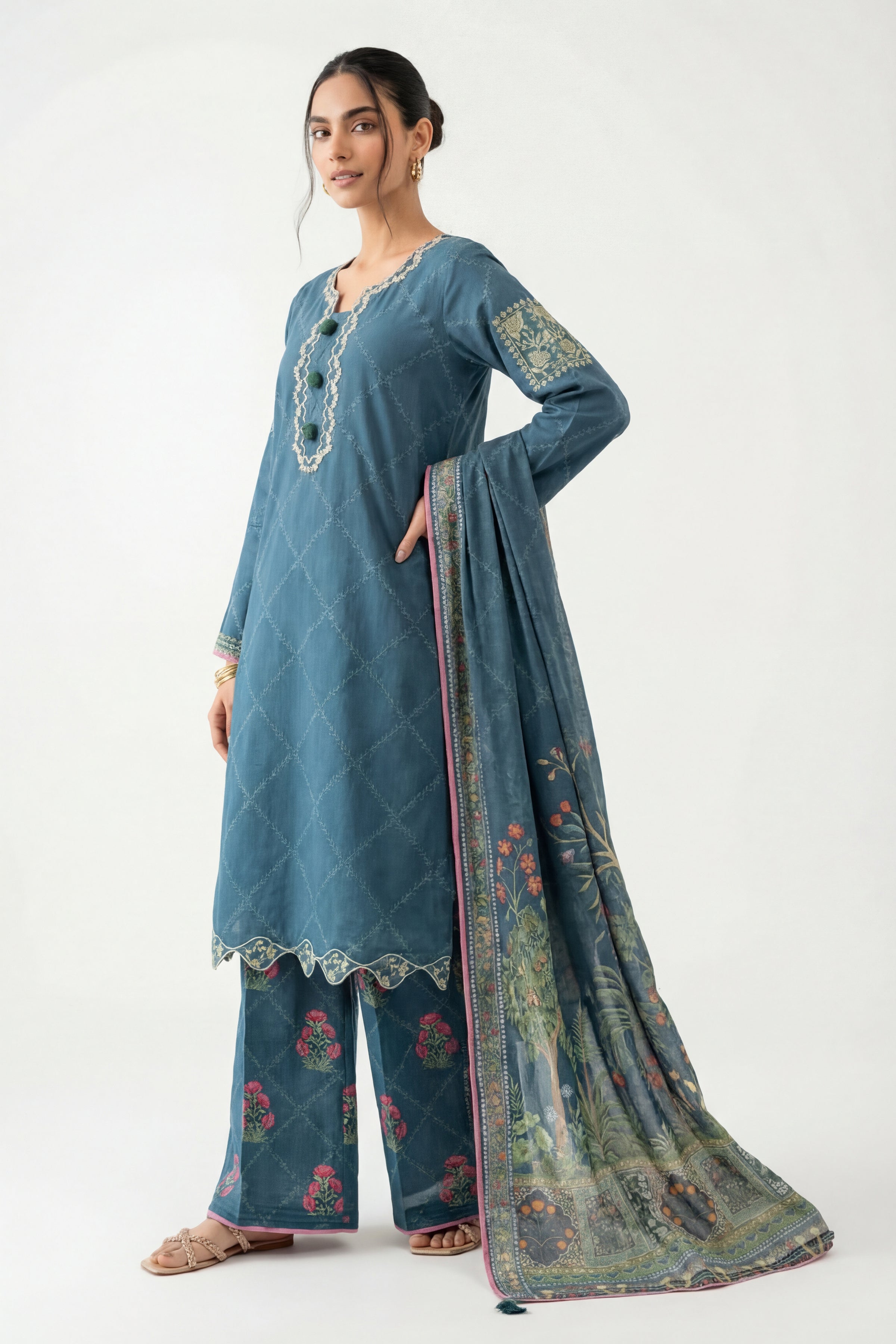 3 Piece - Digital Printed Embroidered Suit - 42601358