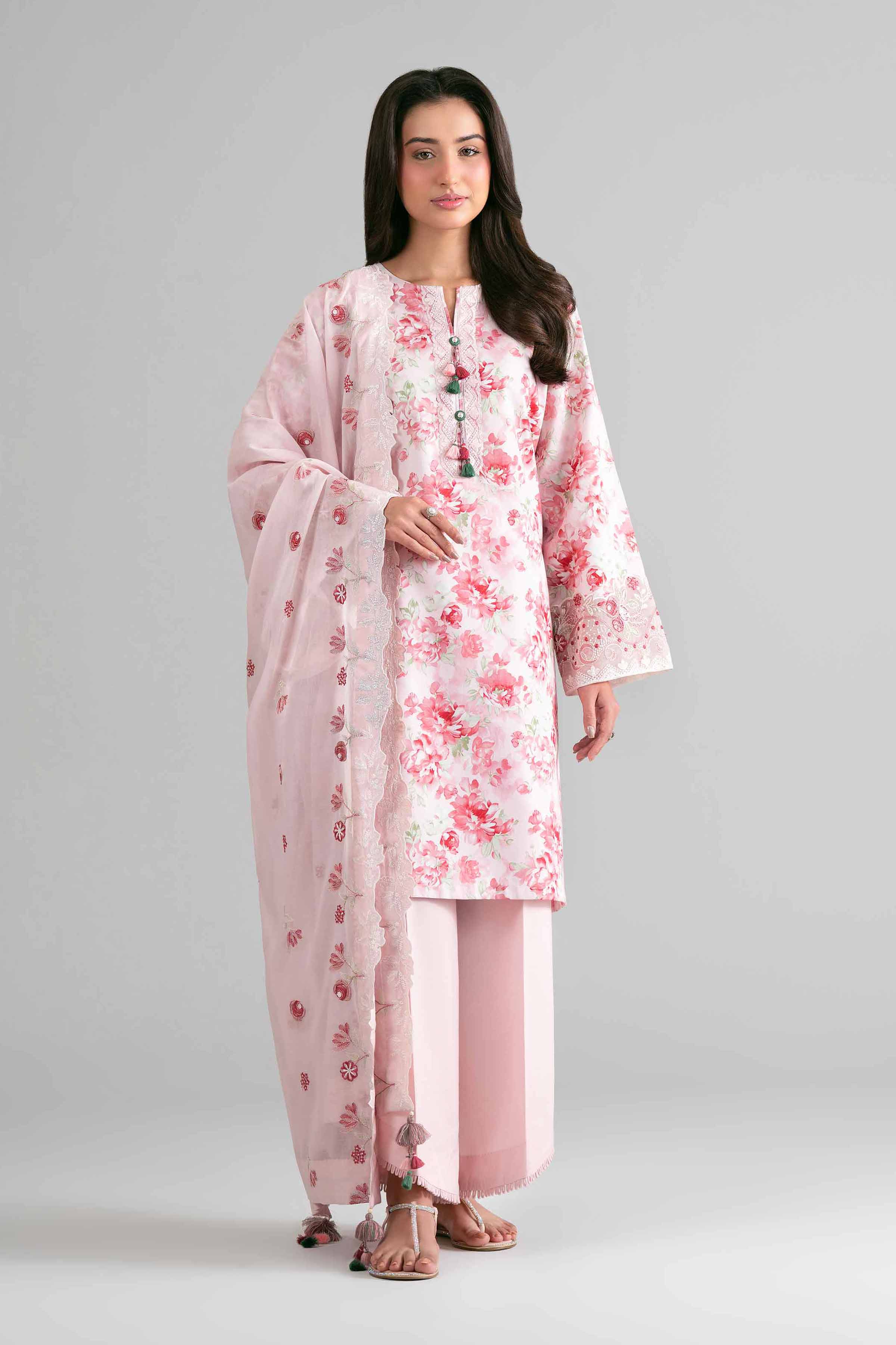 3 Piece - Printed Embroidered Suit - 42601724