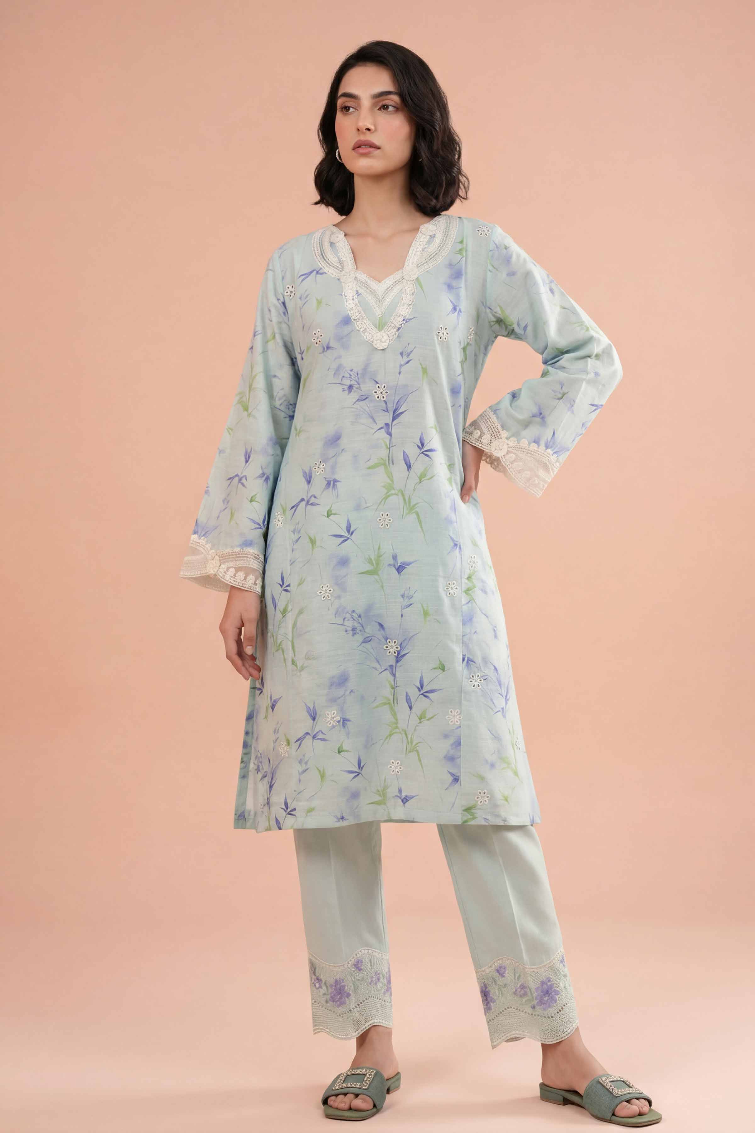 2 Piece - Printed Embroidered Suit - PE26-227