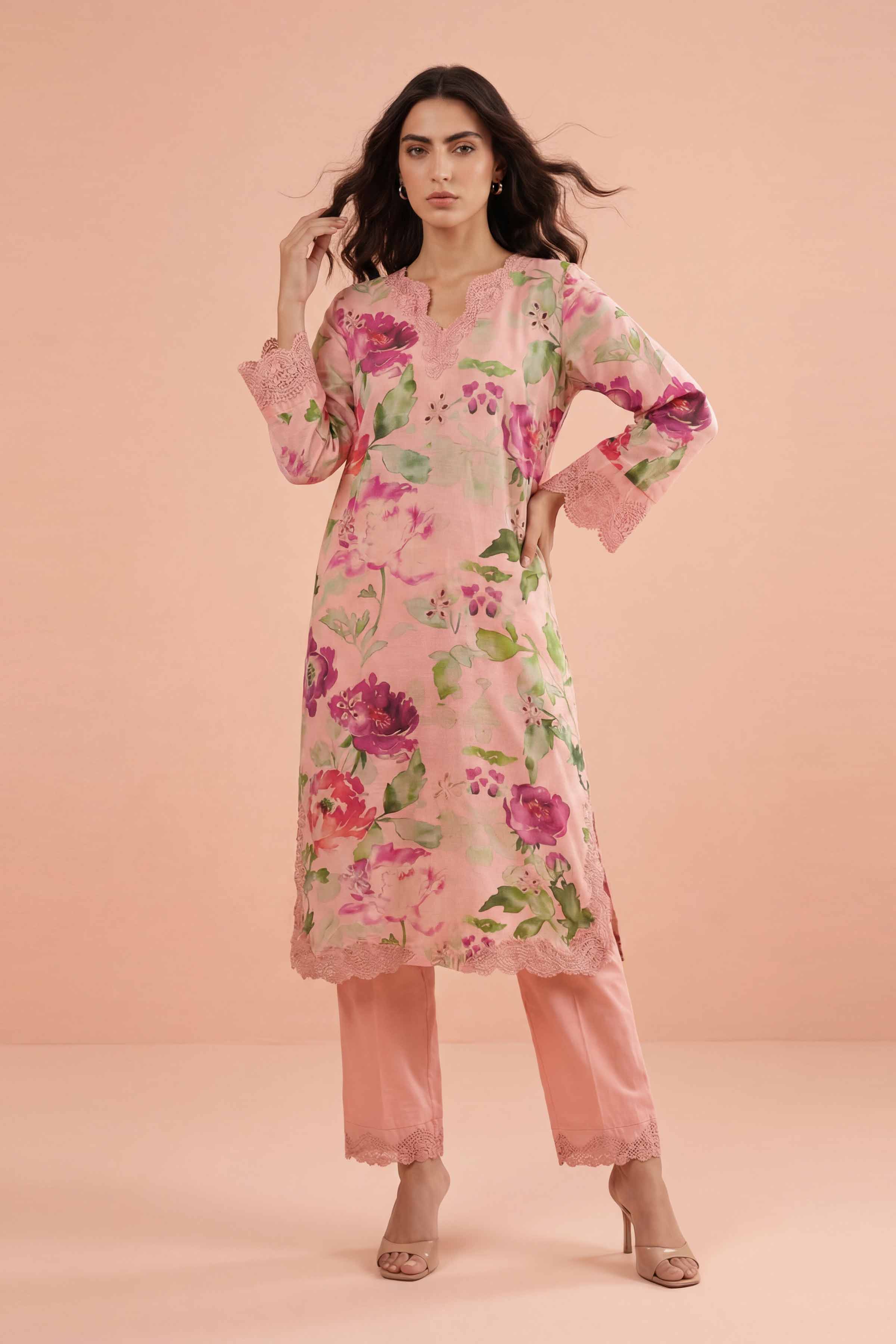 2 Piece - Printed Embroidered Suit - PE26-228