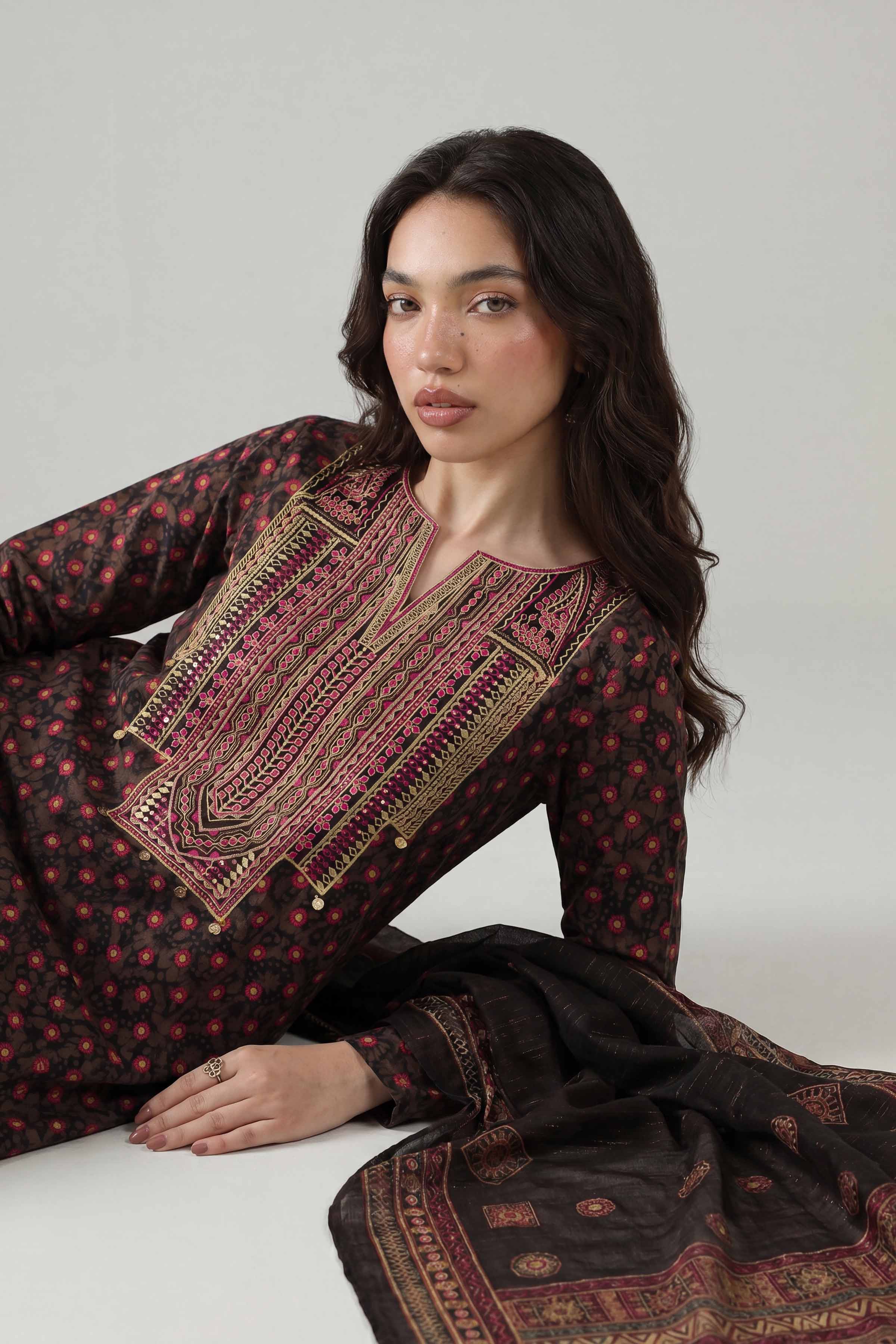 3 Piece - Printed Embroidered Suit - PE26-333