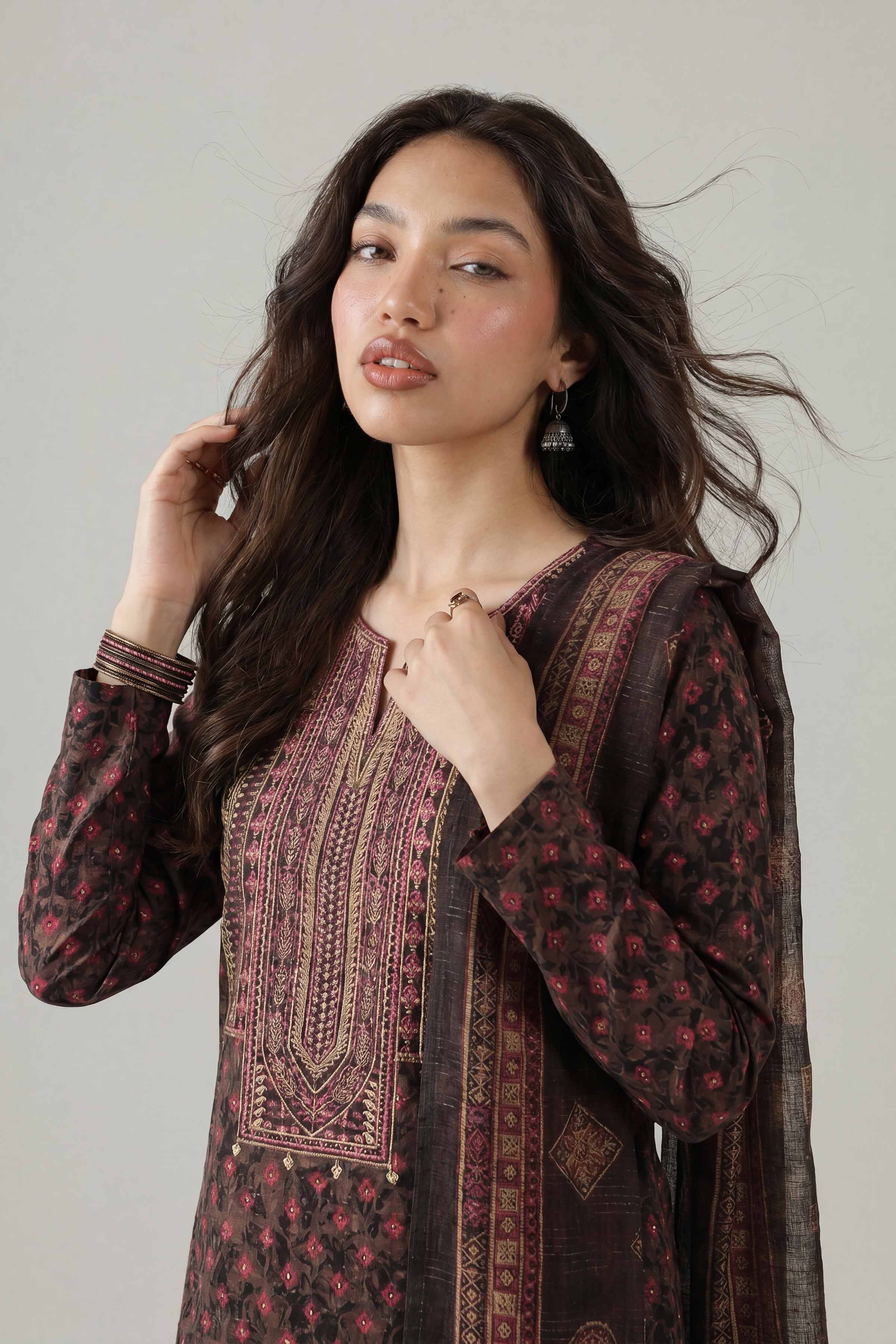 3 Piece - Printed Embroidered Suit - PE26-333