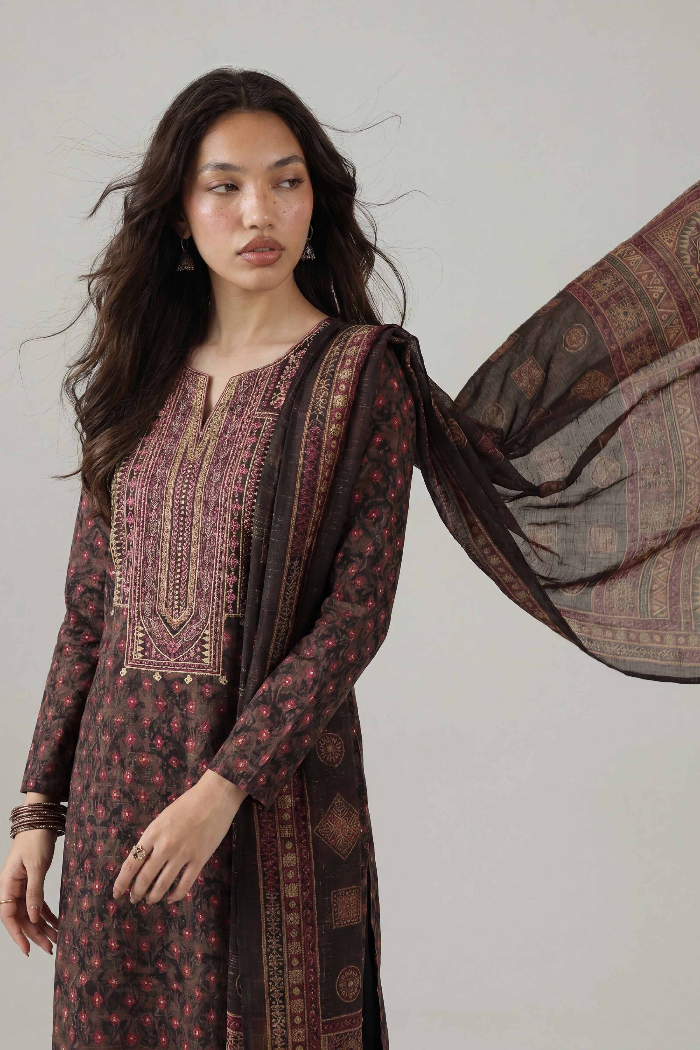 3 Piece - Printed Embroidered Suit - PE26-333