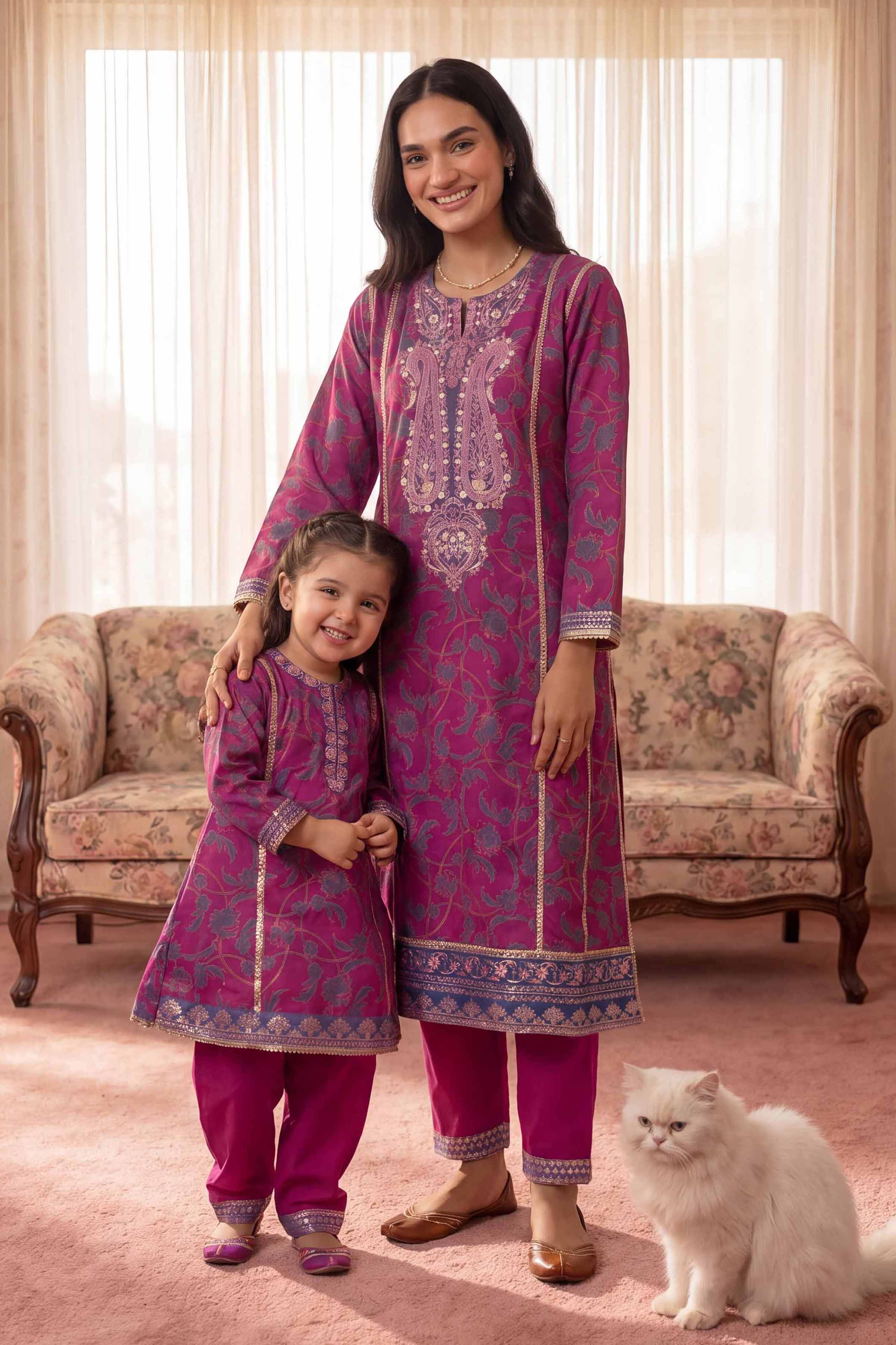 2 Piece - Printed Embroidered Suit - PMD26-02 D