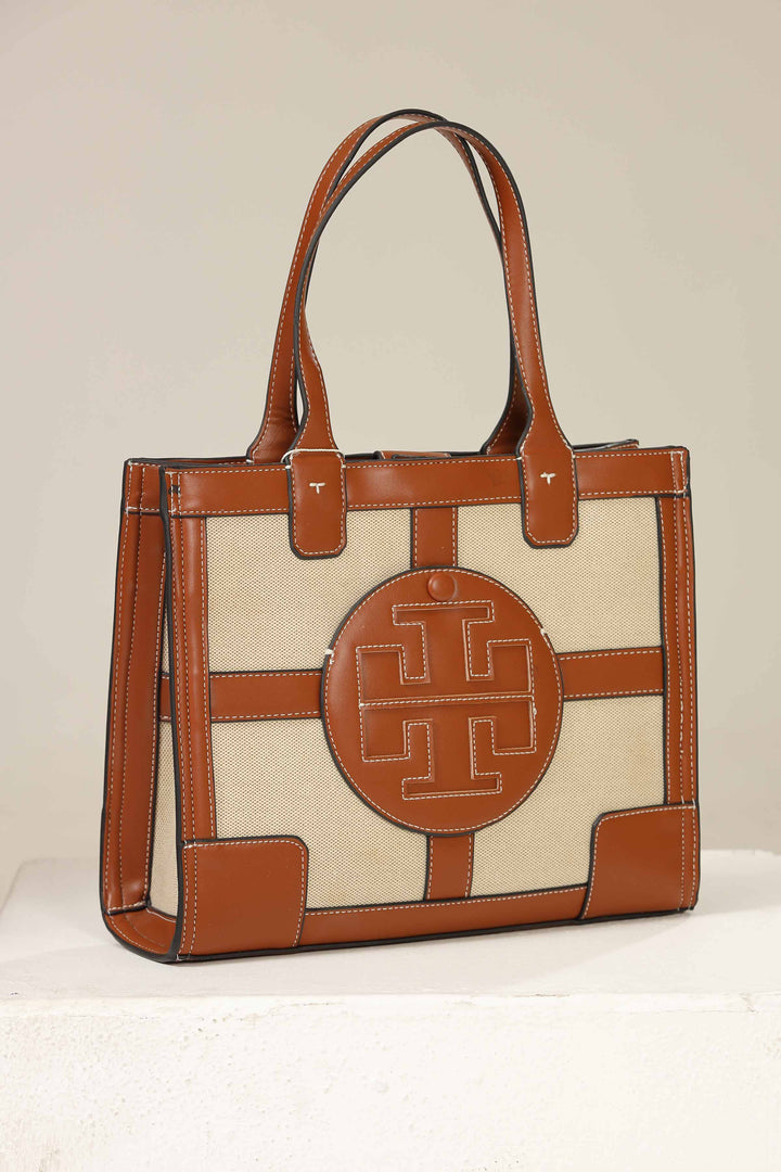 Women Off White & Brown Hand Bag