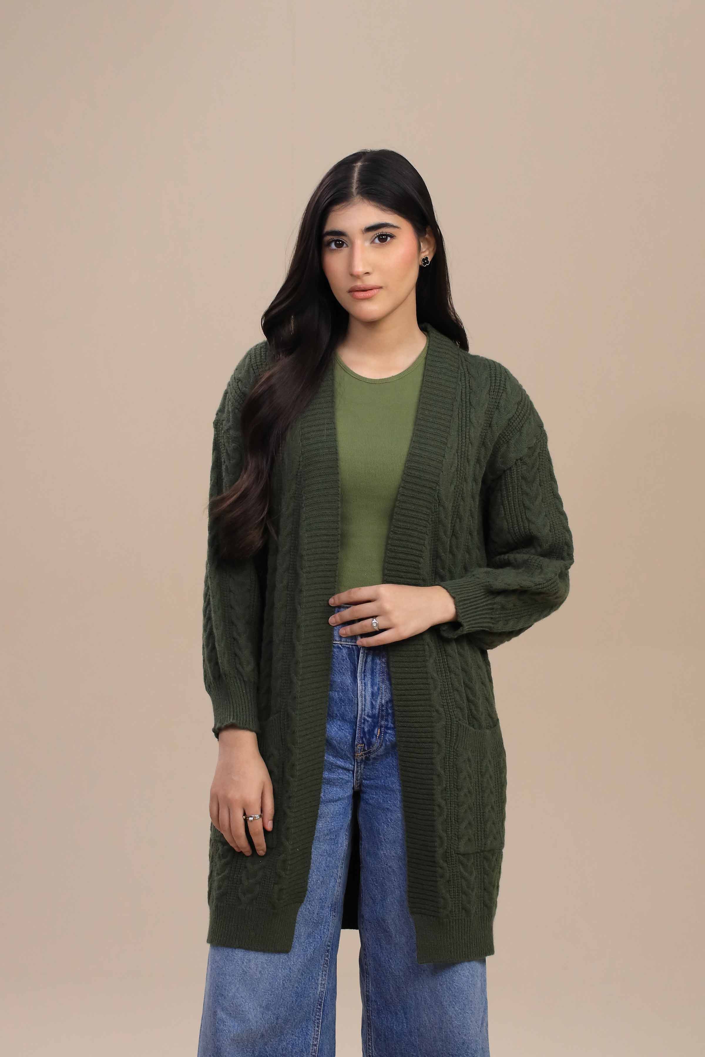 Olive Green Long Sweater-447050104 for Women – Long Sweaters Collection | Nishat | Shop Online