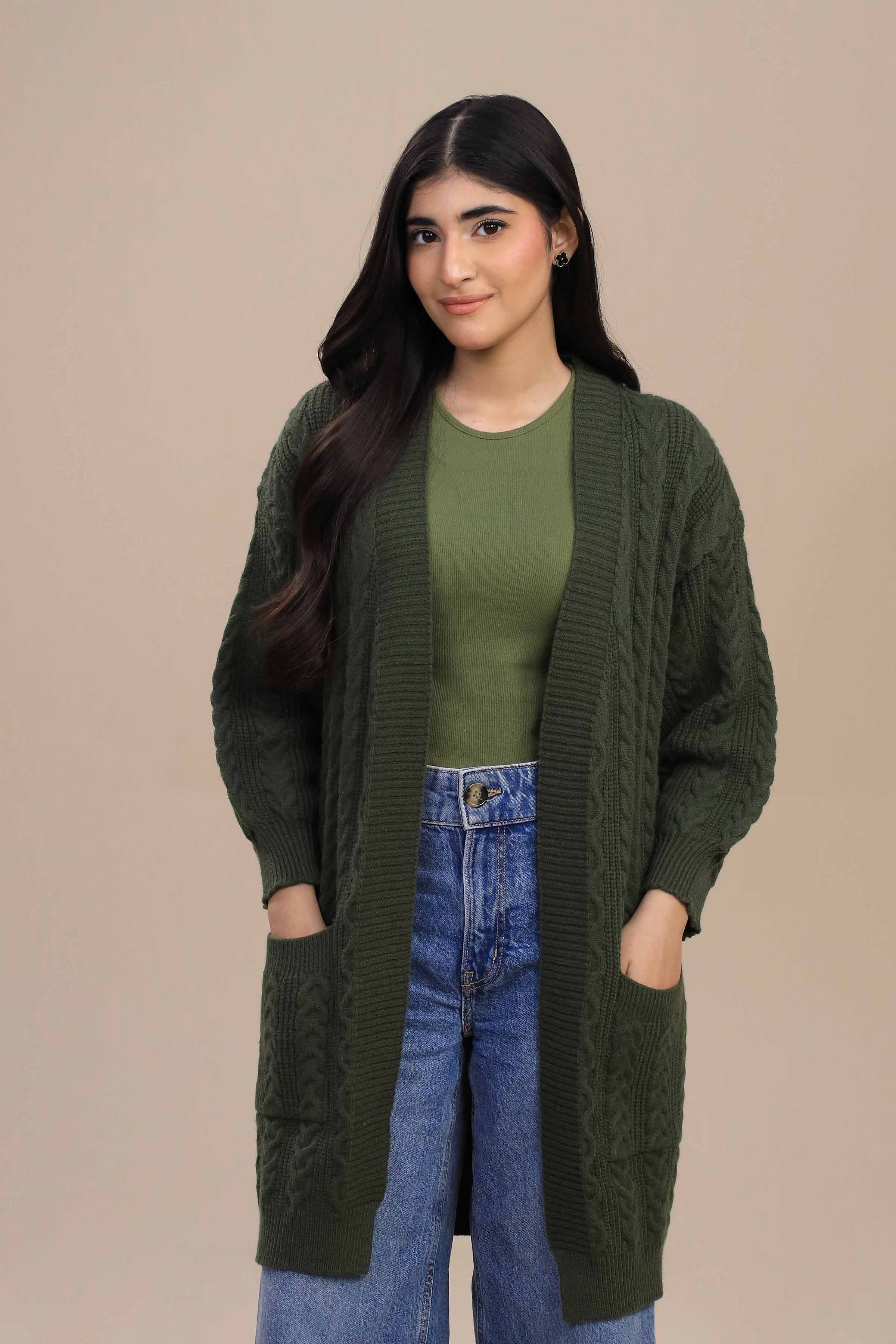 Olive Green Long Sweater-447050104 for Women – Long Sweaters Collection | Nishat | Shop Online