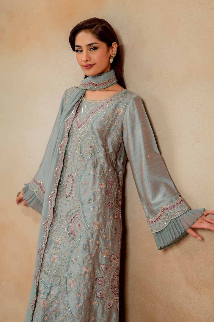 3 Piece Luxury Embroidered Suit Aqua Blue