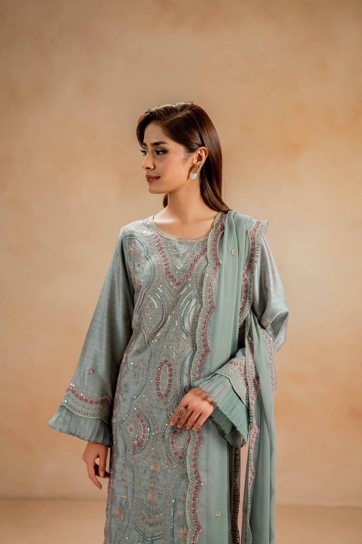 3 Piece Luxury Embroidered Suit Aqua Blue