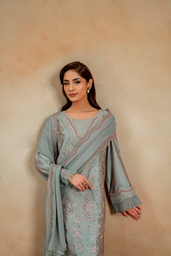 3 Piece Luxury Embroidered Suit Aqua Blue