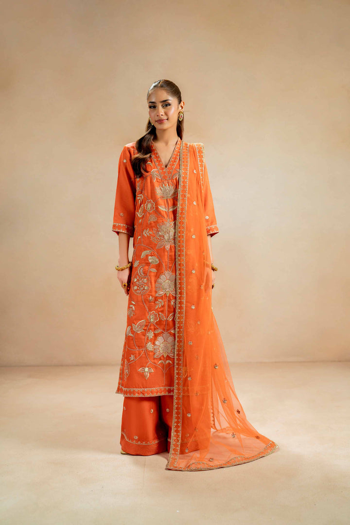 3 Piece Luxury Embroidered Suit Fawn Orange