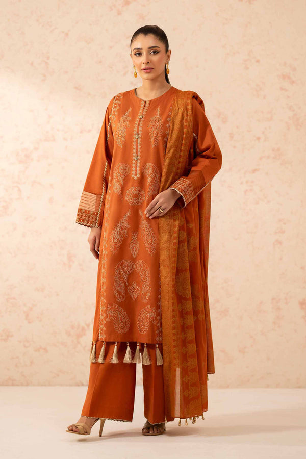 3 Piece - Gold Printed Embroidered Suit - 42401341