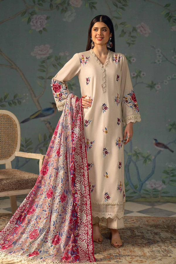 3 Piece - Silver Printed Embroidered Suit - 42401345