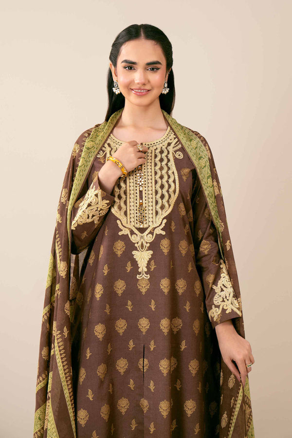 3 Piece - Gold Printed Embroidered Suit - 42401860