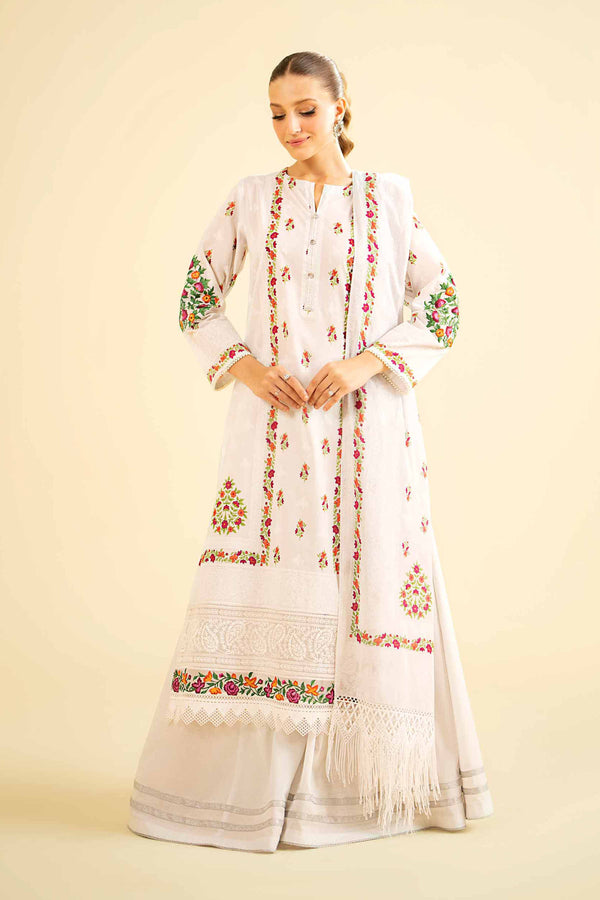 3 Piece - White Paste Printed Embroidered Suit - 42401912