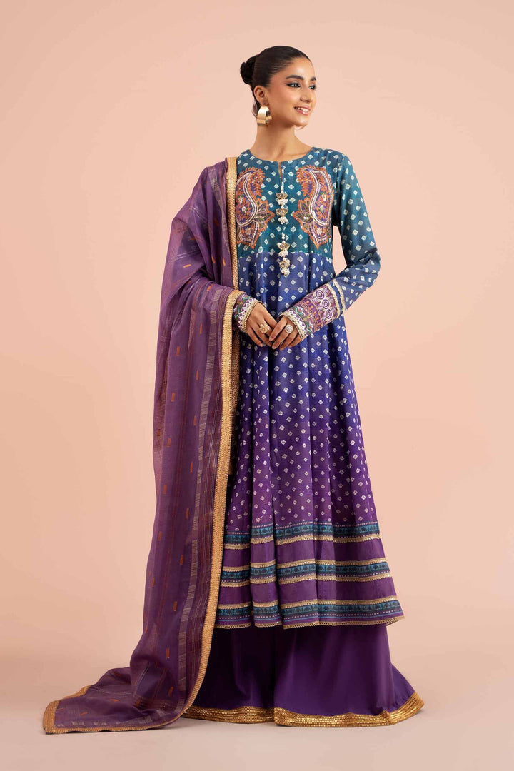 3 Piece Digital Printed Jacquard Embroidered Suit Purple