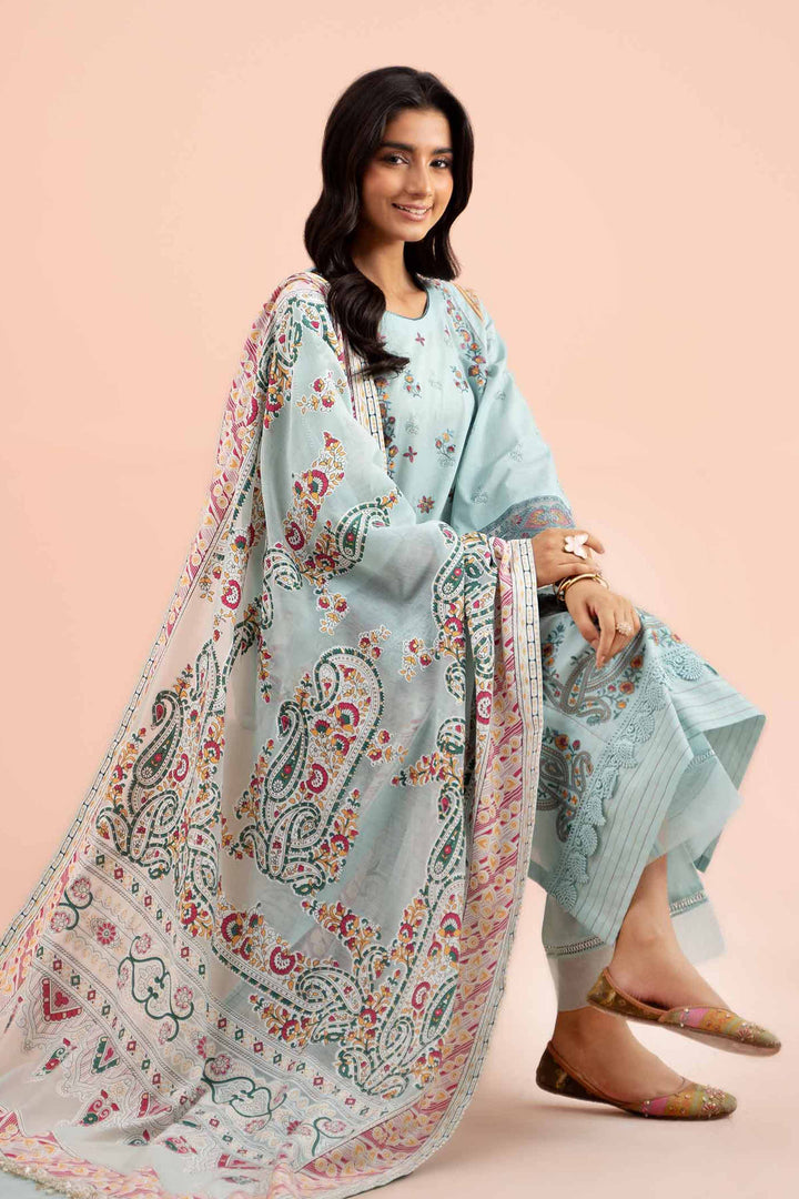 3 Piece Printed Embroidered Suit Light Greenish Blue