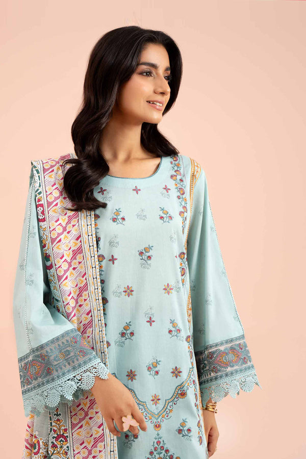 3 Piece Printed Embroidered Suit Light Greenish Blue