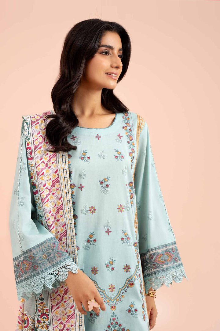 3 Piece Printed Embroidered Suit Light Greenish Blue