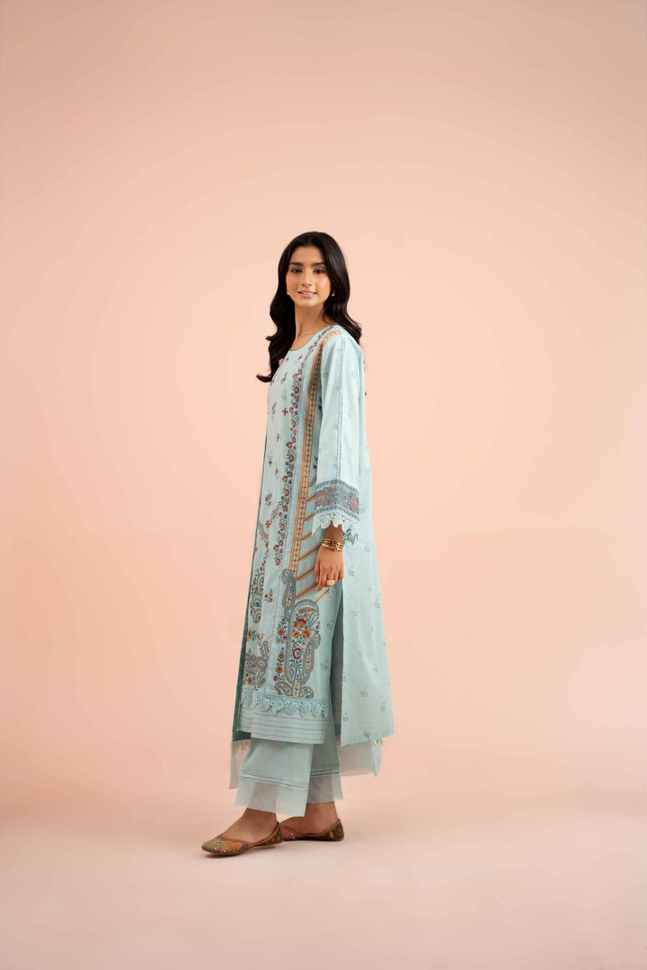 3 Piece Printed Embroidered Suit Light Greenish Blue