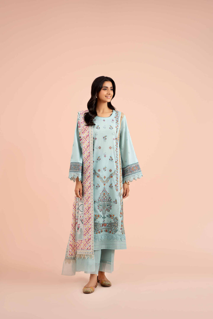 3 Piece Printed Embroidered Suit Light Greenish Blue