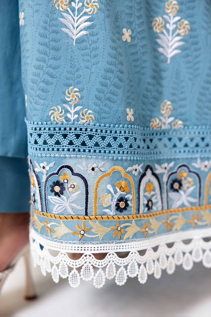 3 Piece Printed Embroidered Suit Blue