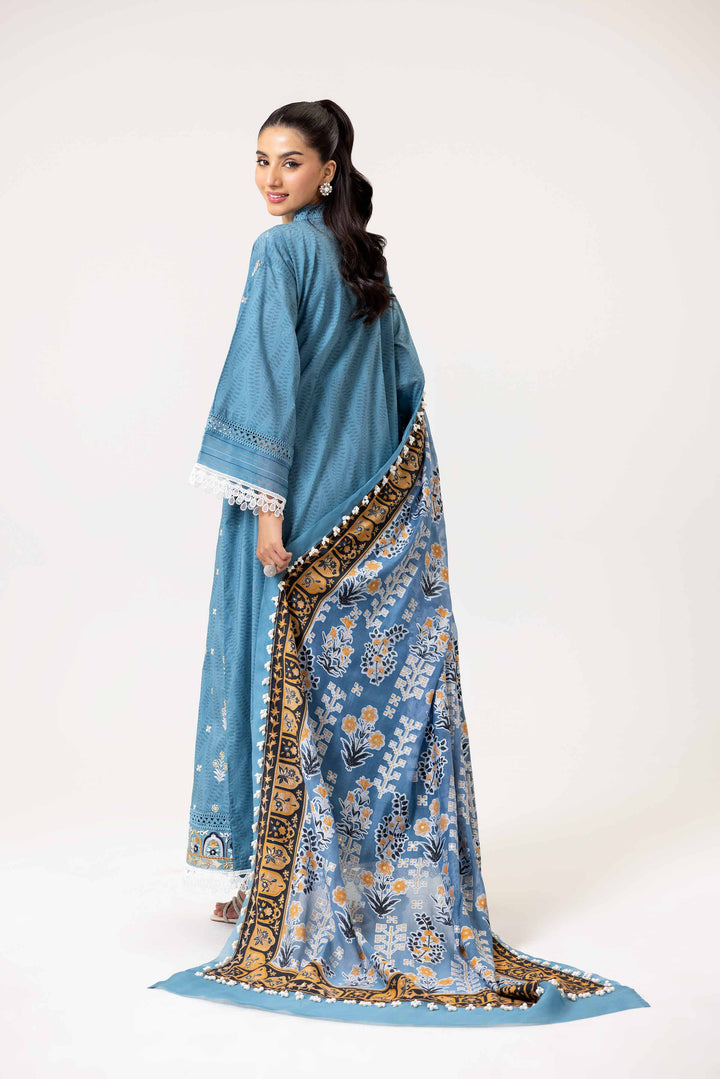 3 Piece Printed Embroidered Suit Blue