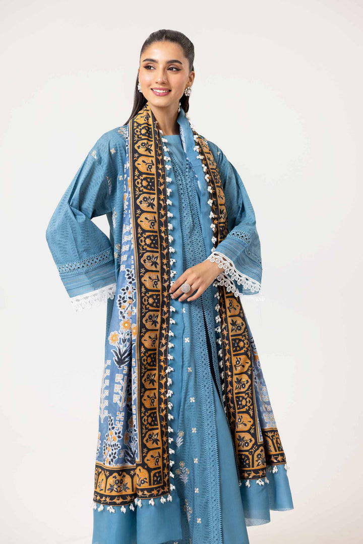 3 Piece Printed Embroidered Suit Blue