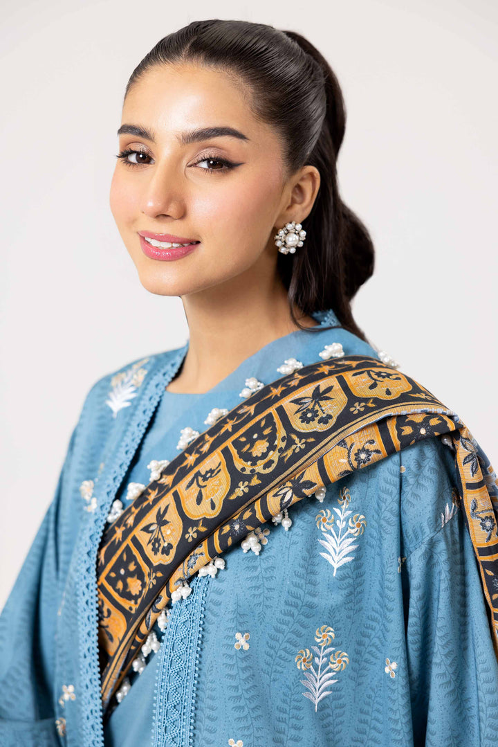 3 Piece Printed Embroidered Suit Blue