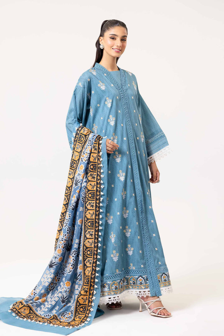 3 Piece Printed Embroidered Suit Blue