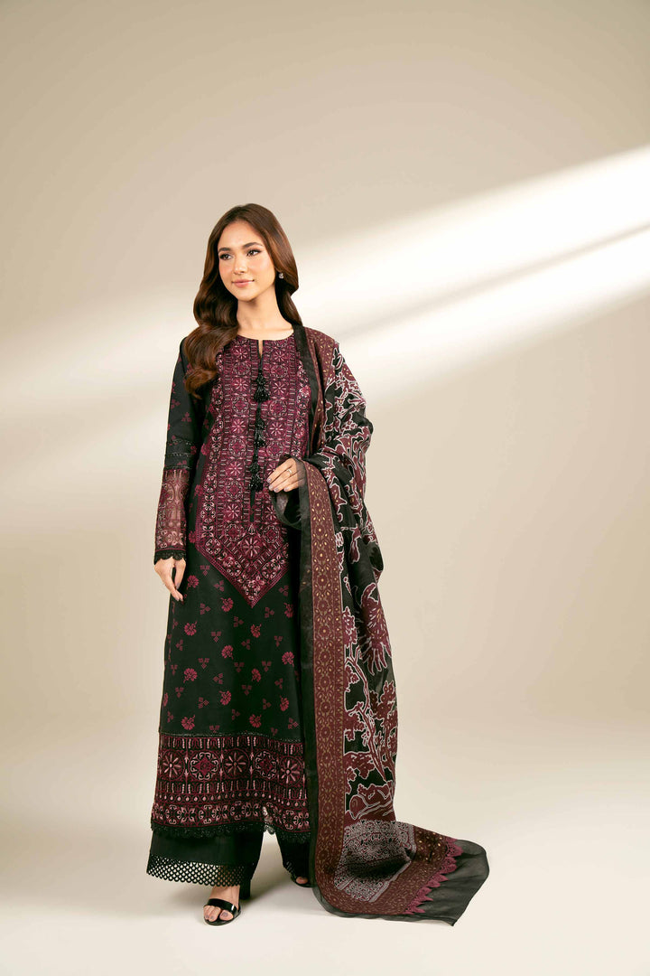 3 Piece Printed Embroidered Suit Black