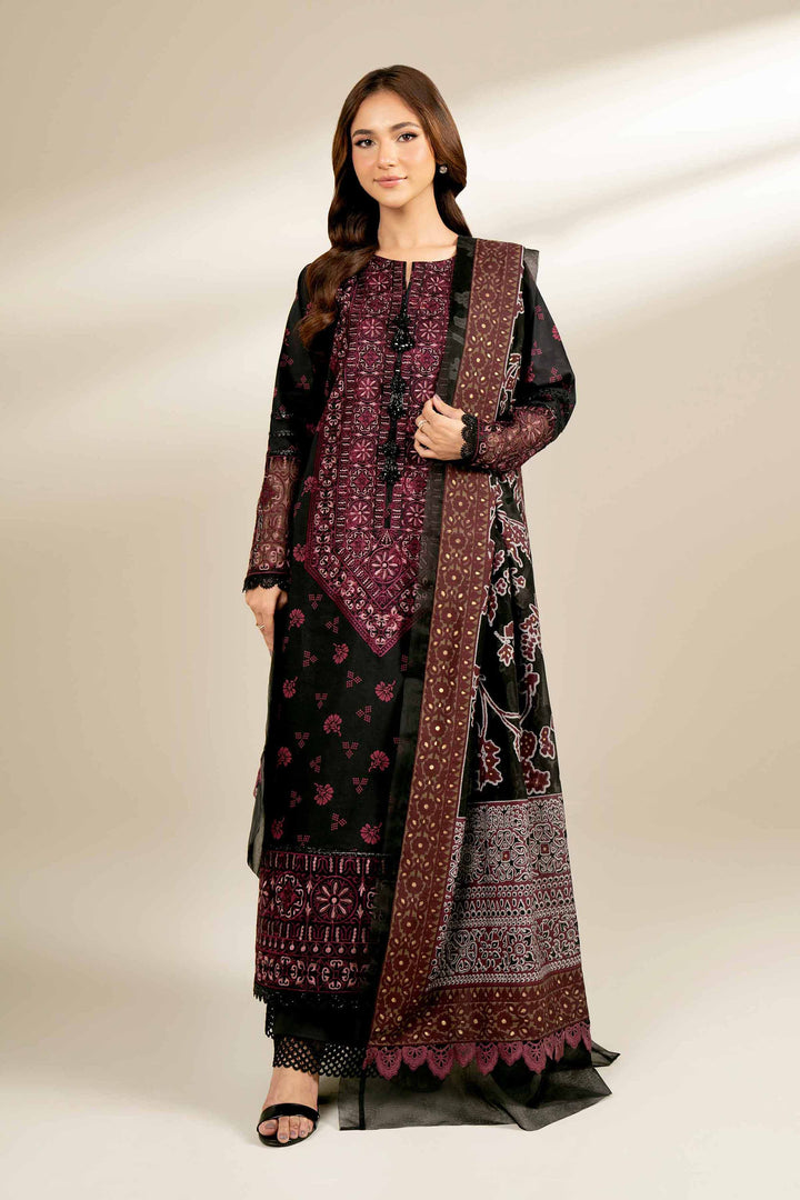 3 Piece Printed Embroidered Suit Black