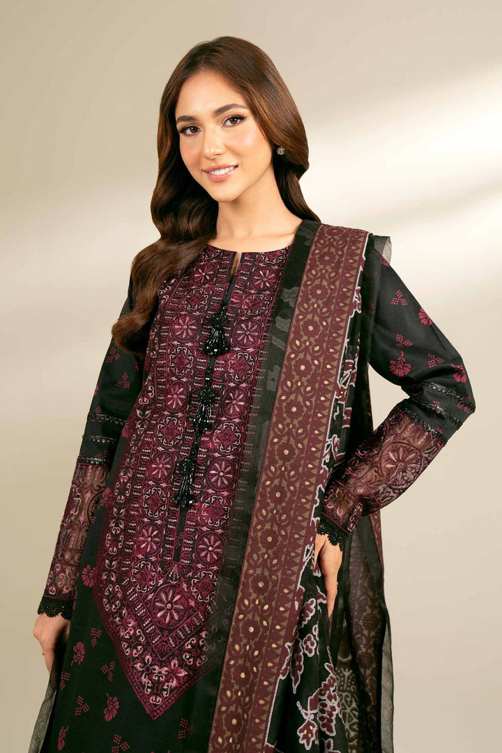 3 Piece Printed Embroidered Suit Black